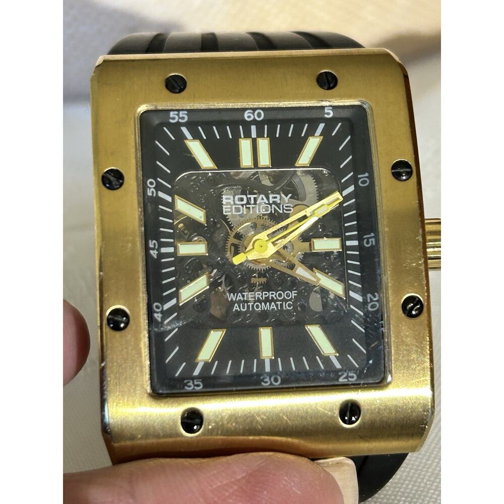 Rotary Edition Men's Automatic Skeleton Watch Gold Plated Square Tonneau Case